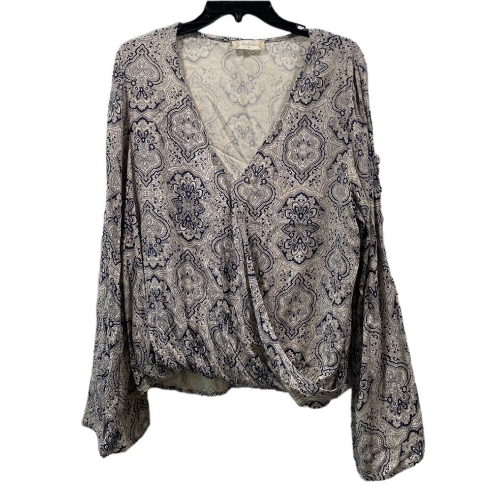 Altar’d State Blue and Tan Patterned Bell Sleeve Cross Over Blouse Size M